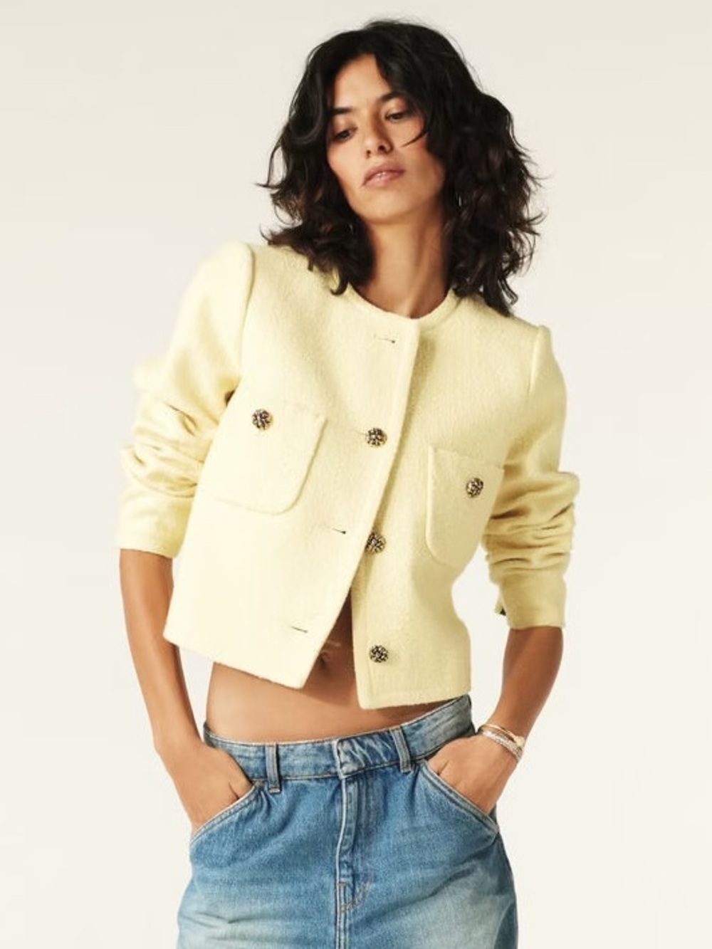BA&SH | Maradith Tweed Butter Yellow Collarless Jacket